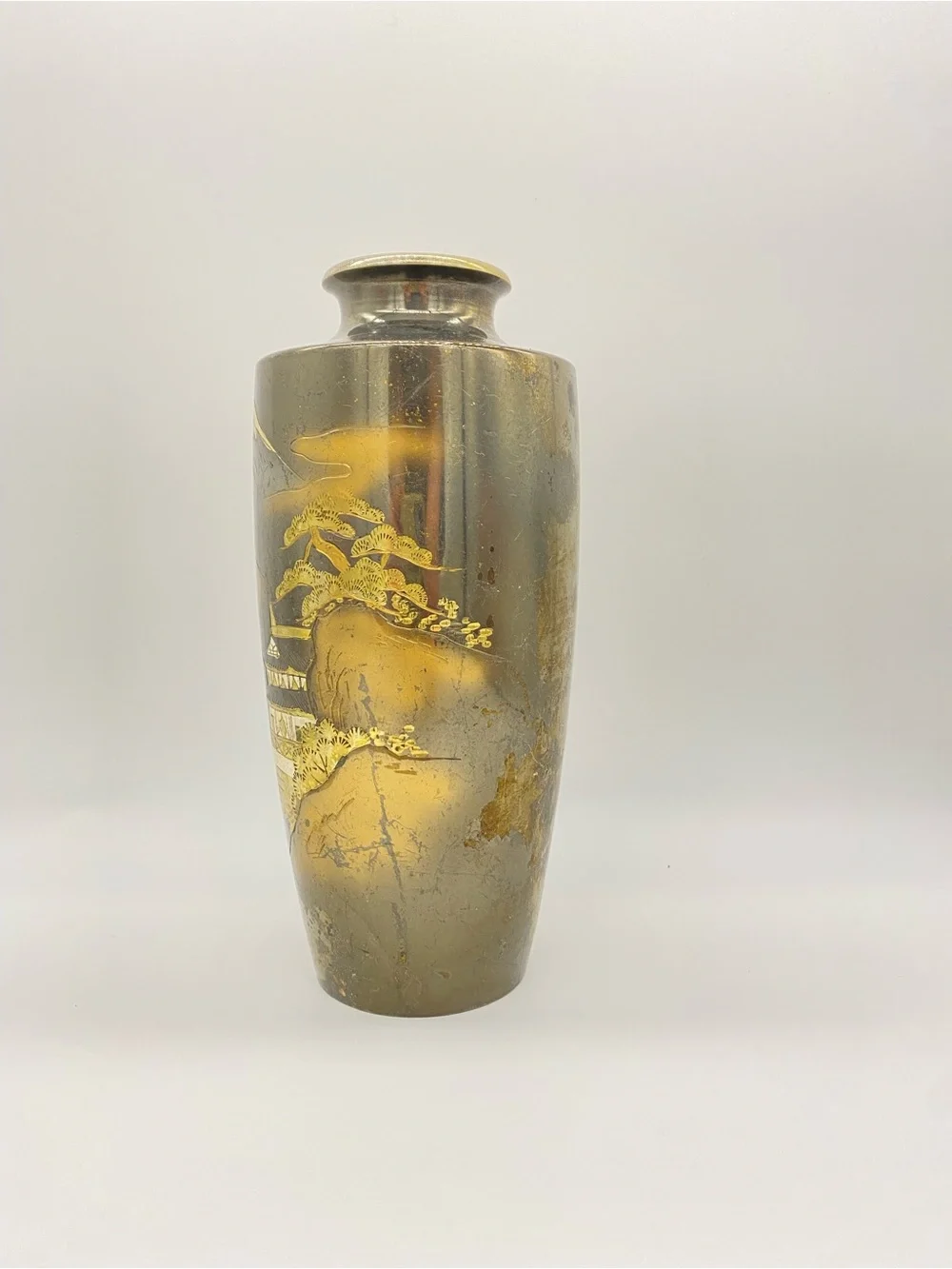 Vintage Japanese Metal Vase Mount Fuji Pagoda Gold Silver Tone Inlay Asian Decor